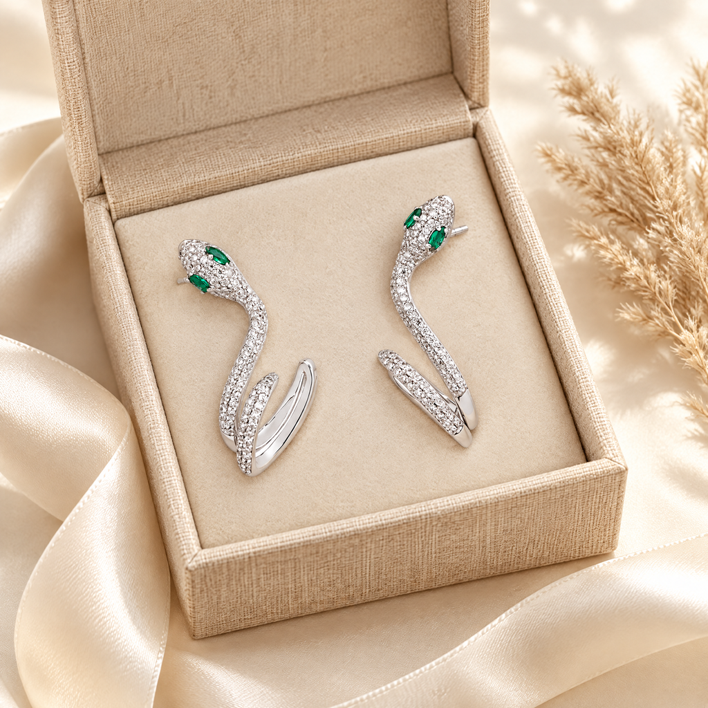 Circé Moissanite Snake Ear Climbers, presented in a box