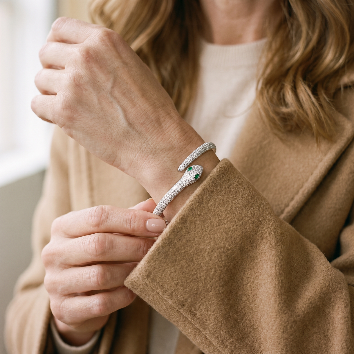 Cléo Moissanite Snake Bangle, worn by a woman