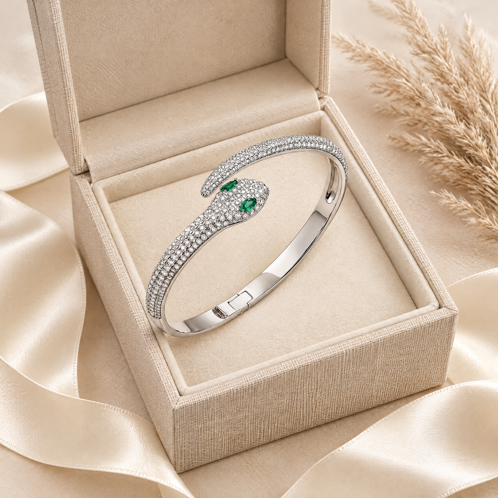 Cléo Moissanite Snake Bangle, presented in a box