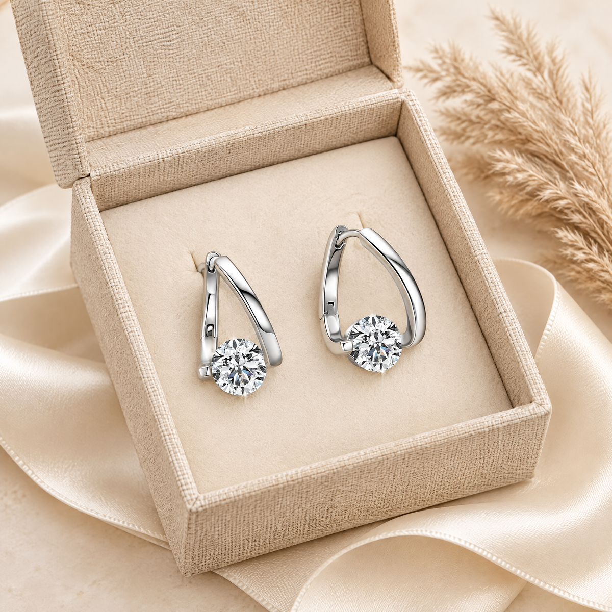 Croisette Moissanite Crossover Hoops, presented in a box
