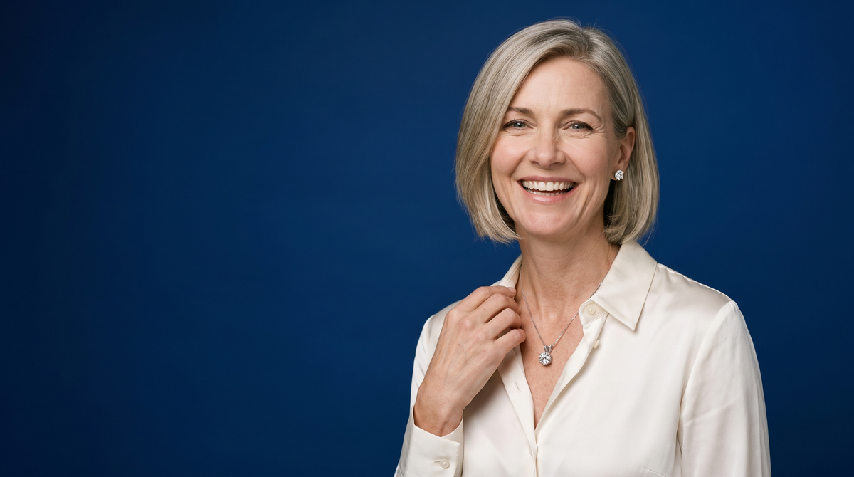 Woman laughing against a royal-blue backdrop, wearing moissanite stud earrings and a solitaire necklace