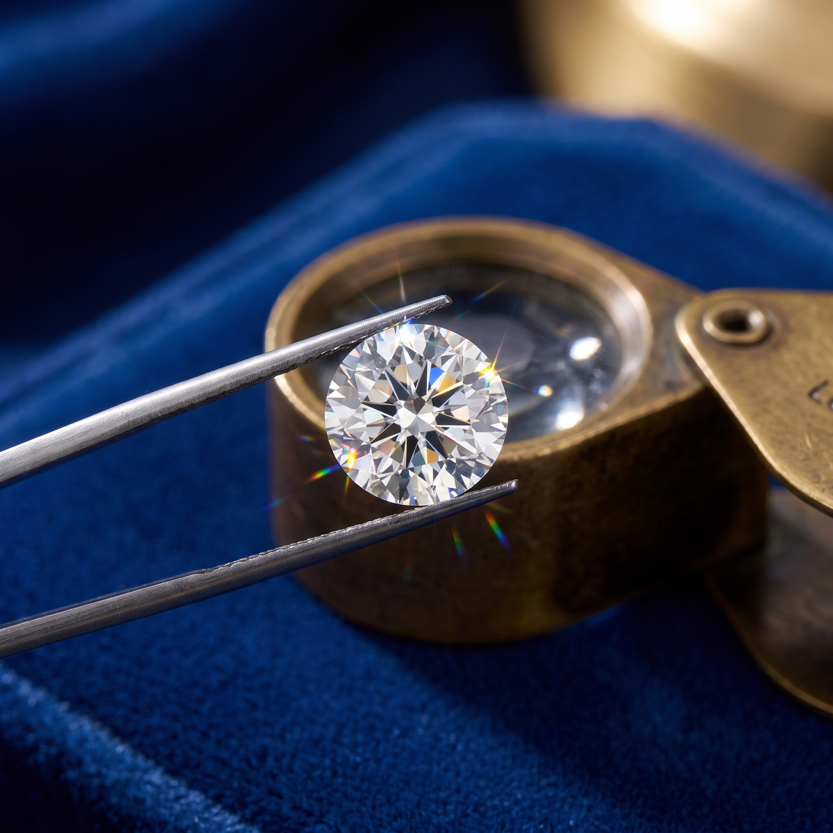 White moissanite held in jeweler's tweezers above royal-blue velvet, a loupe beside it