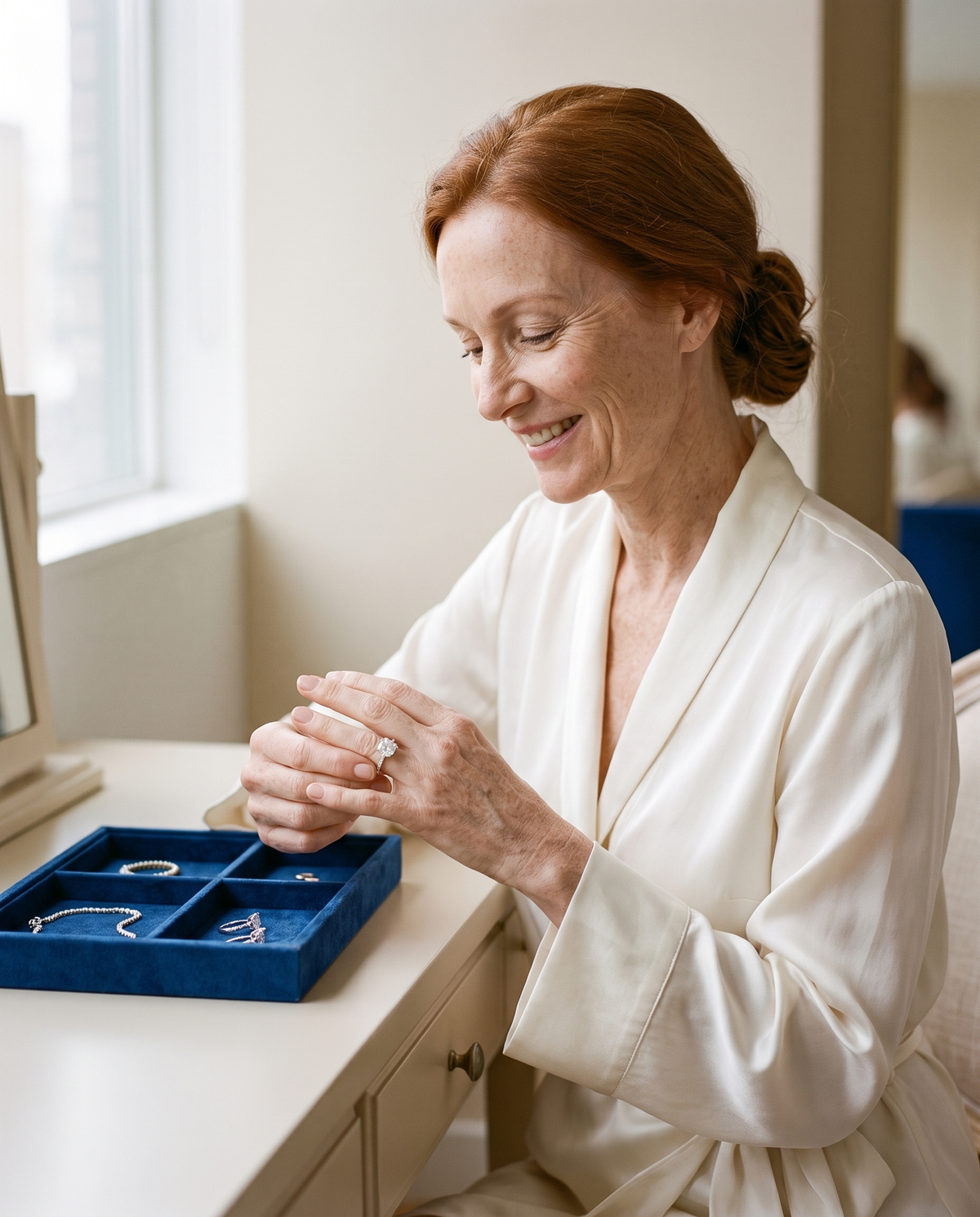 Woman with an auburn chignon slipping on a moissanite ring at a dressing table with a royal-blue velvet tray