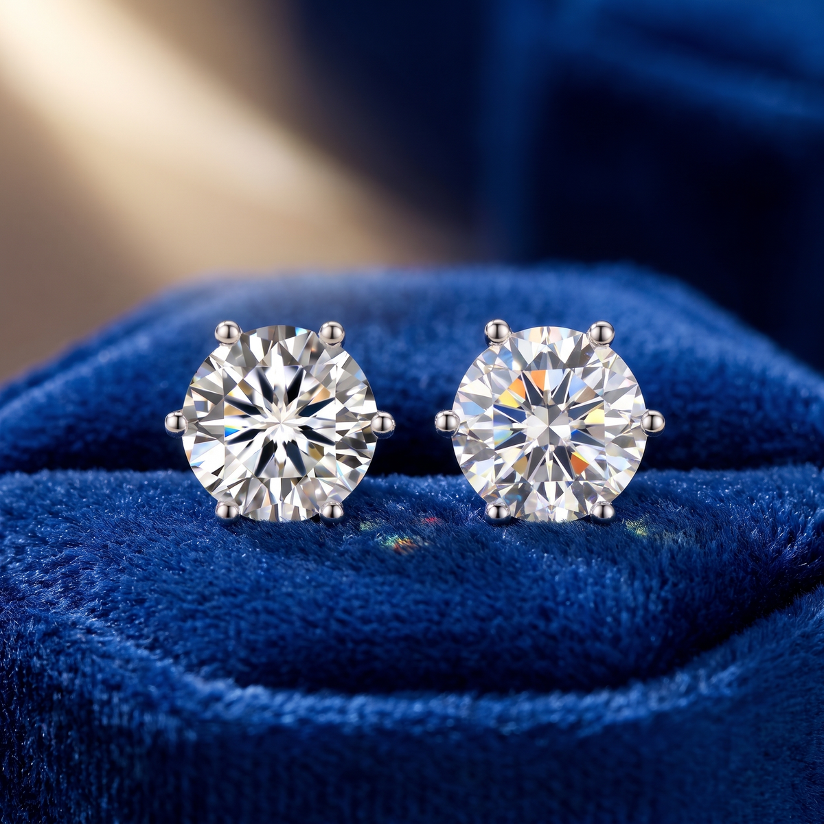 Moissanite solitaire stud earrings on royal-blue velvet