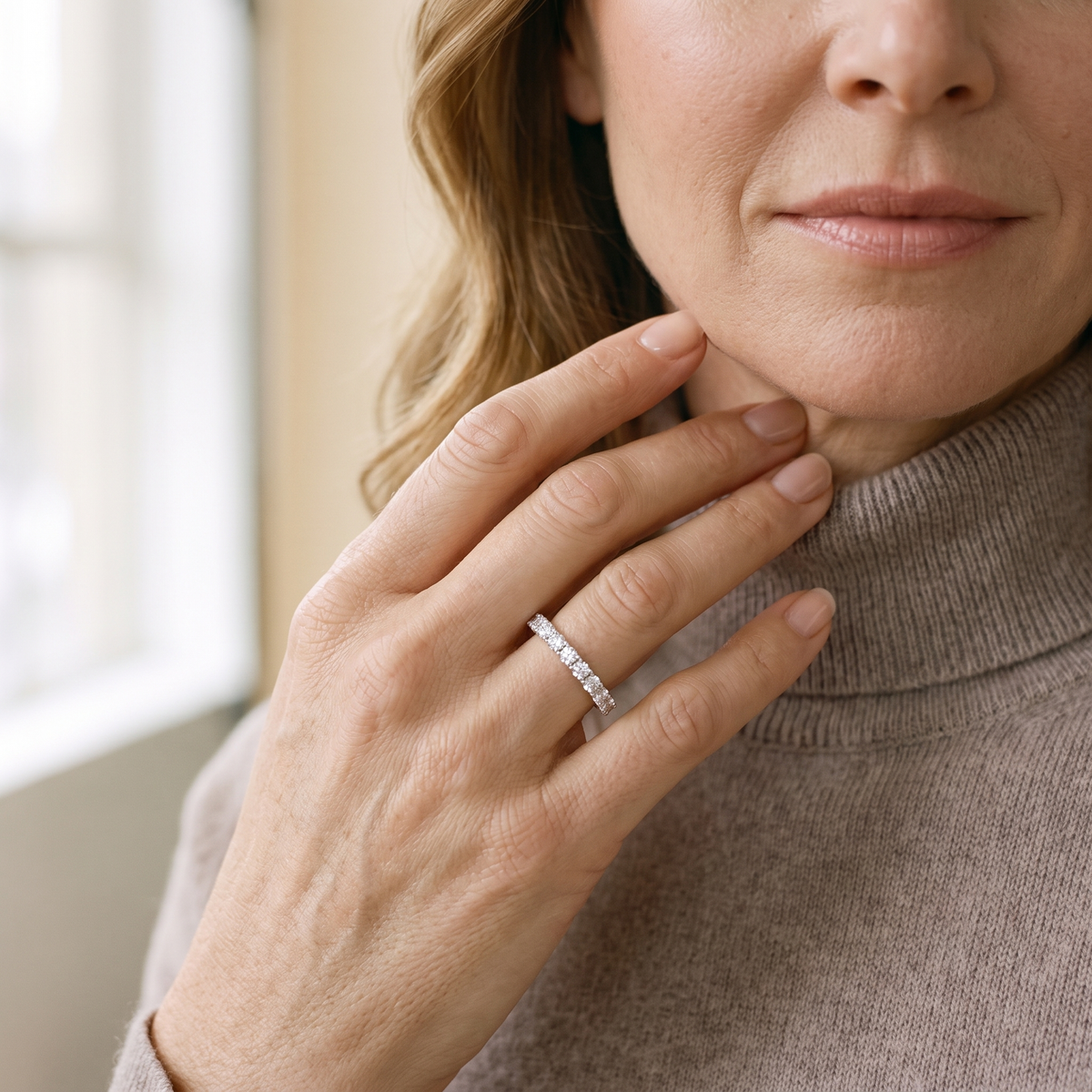 Demi Moissanite Half-Eternity Band, worn by a woman