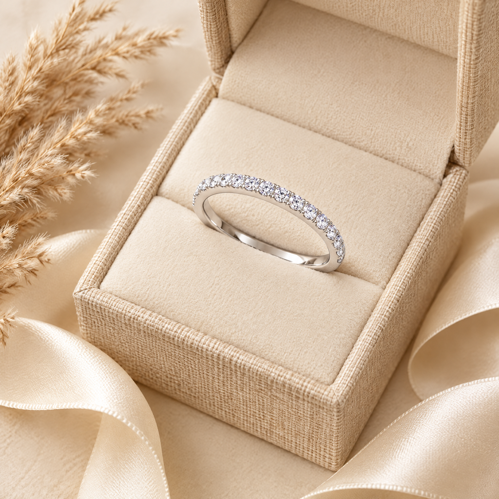 Demi Moissanite Half-Eternity Band, presented in a box