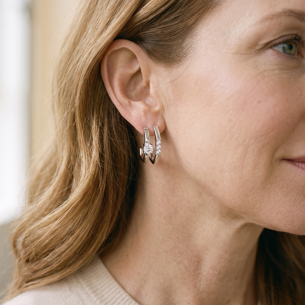 Duetto Moissanite Double Hoops, worn by a woman