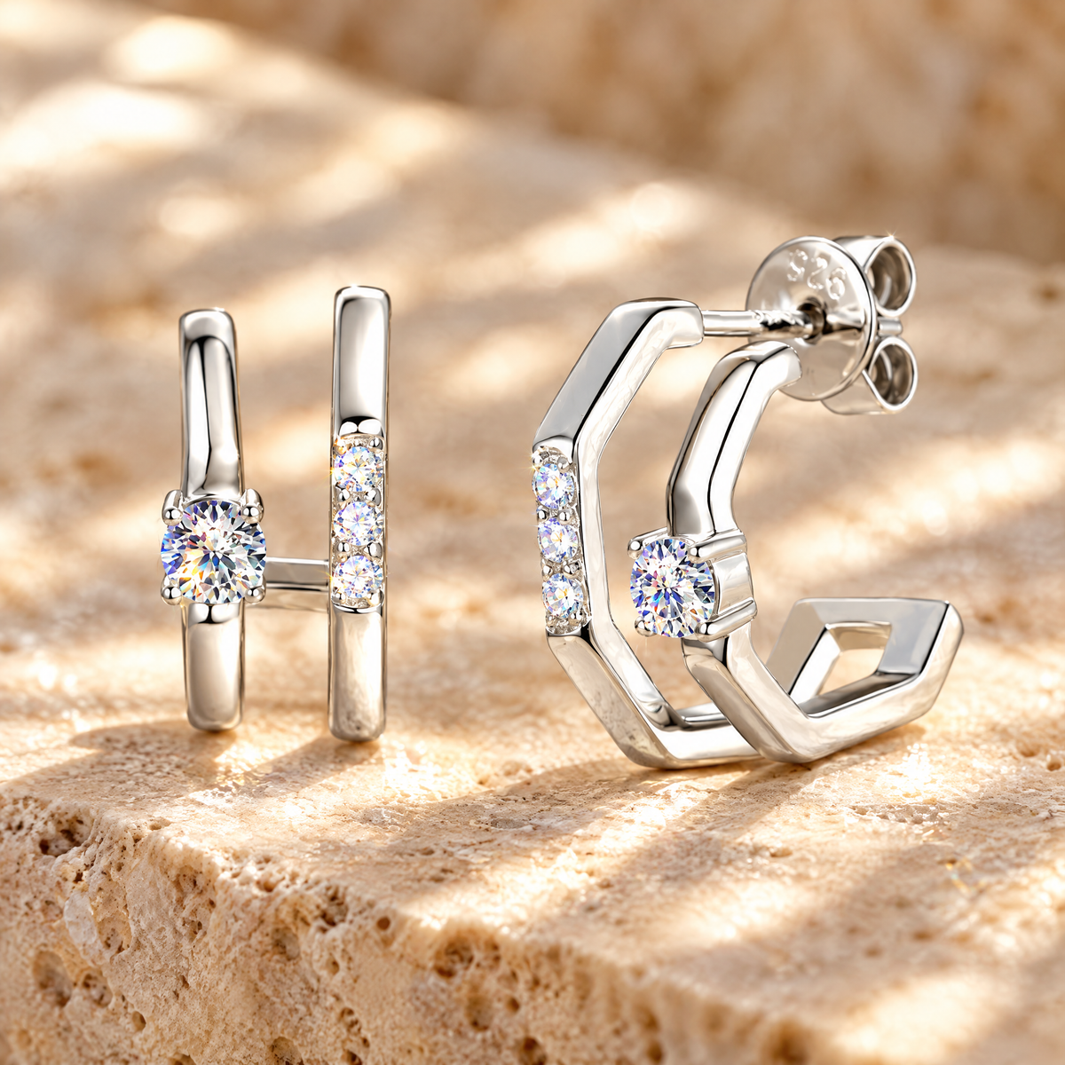 Duetto Moissanite Double Hoops, close-up detail