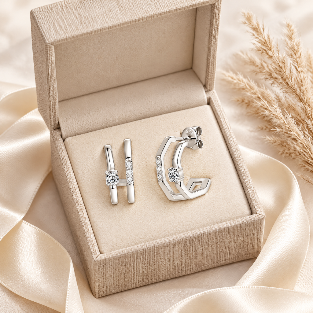 Duetto Moissanite Double Hoops, presented in a box