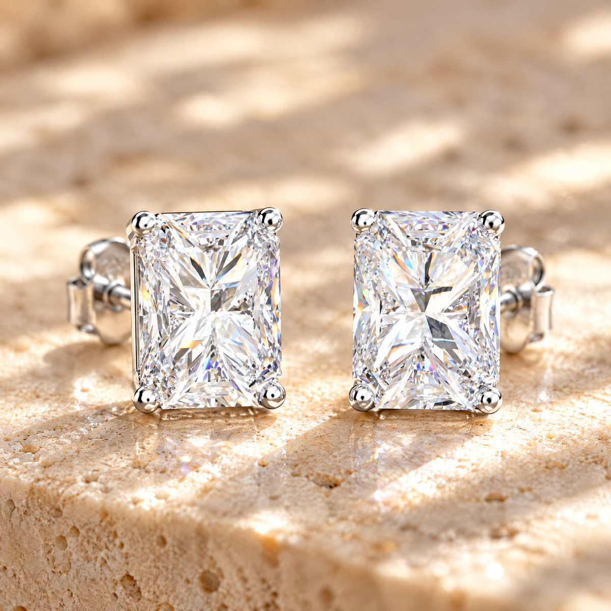 Éclat Radiant-Cut Moissanite Studs, close-up detail