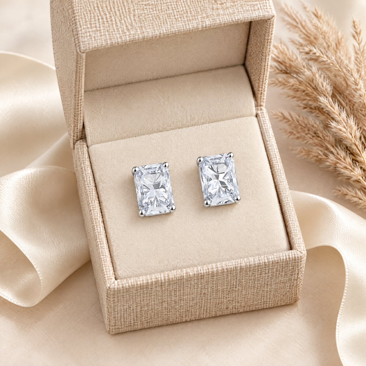 Éclat Radiant-Cut Moissanite Studs, presented in a box