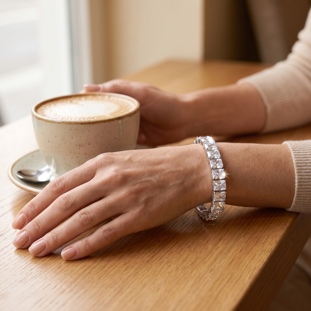 Éclat Radiant-Cut Moissanite Tennis Bracelet, worn by a woman