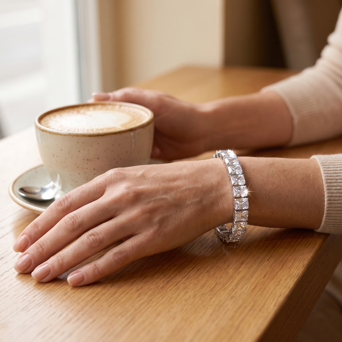 Éclat Radiant-Cut Moissanite Tennis Bracelet, worn by a woman
