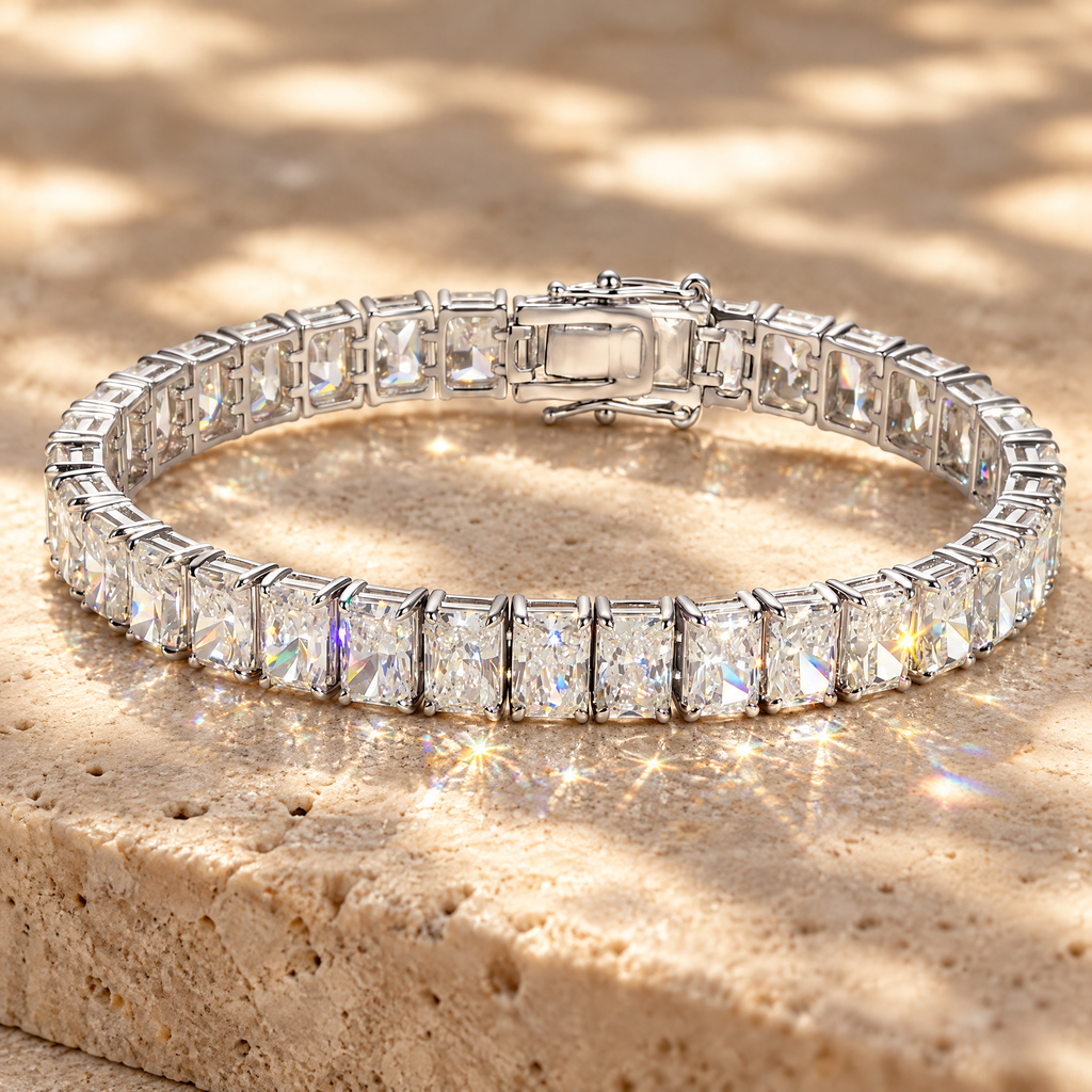 Éclat Radiant-Cut Moissanite Tennis Bracelet, close-up detail