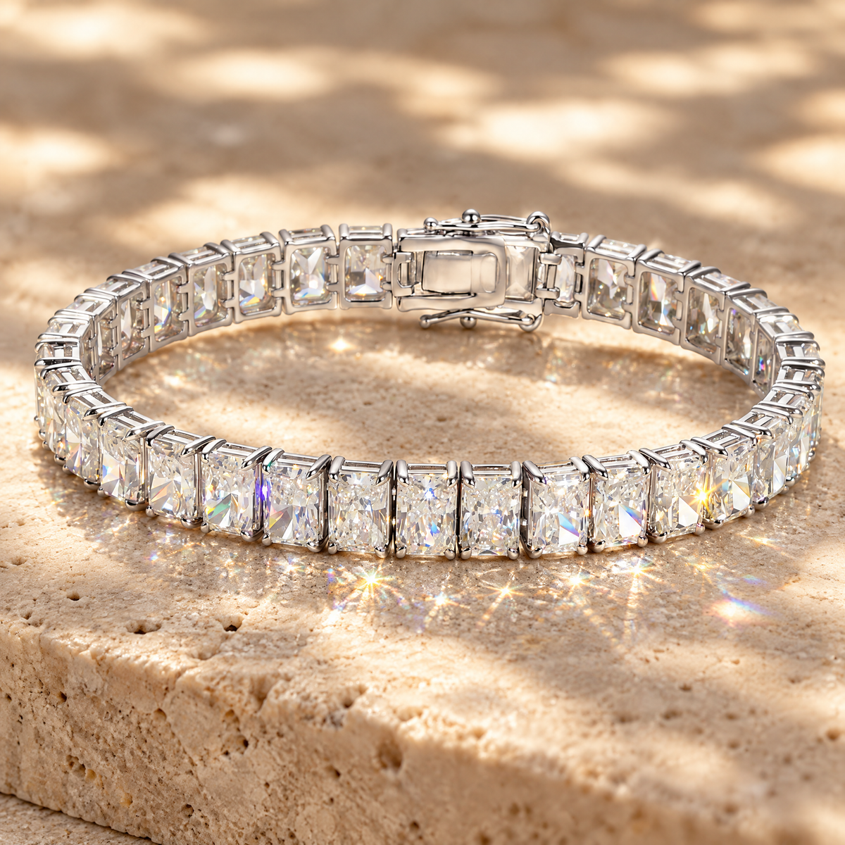 Éclat Radiant-Cut Moissanite Tennis Bracelet, close-up detail