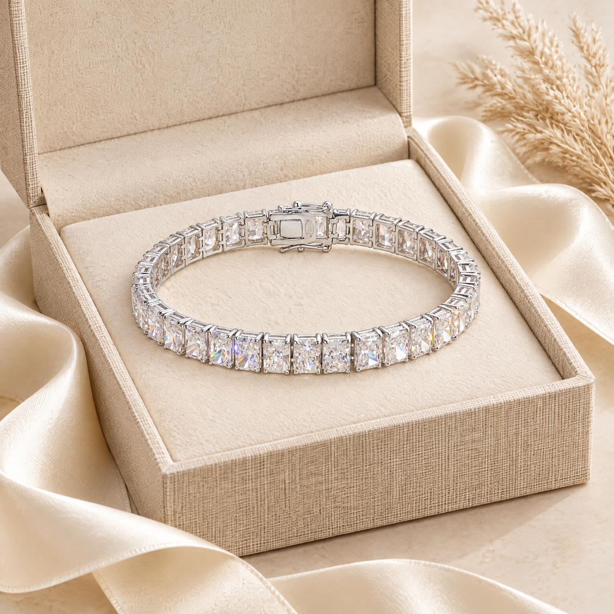 Éclat Radiant-Cut Moissanite Tennis Bracelet, presented in a box