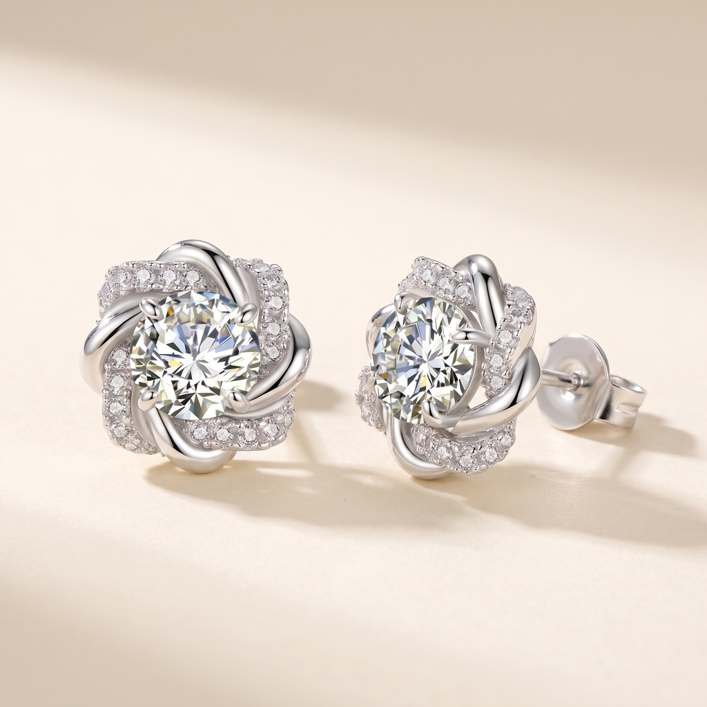 Églantine Moissanite Swirl Flower Studs in White Gold