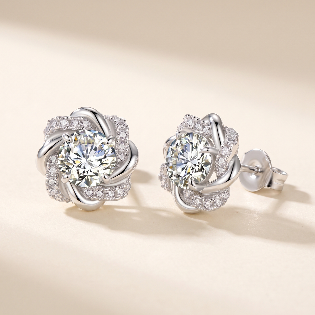 Églantine Moissanite Swirl Flower Studs in White Gold