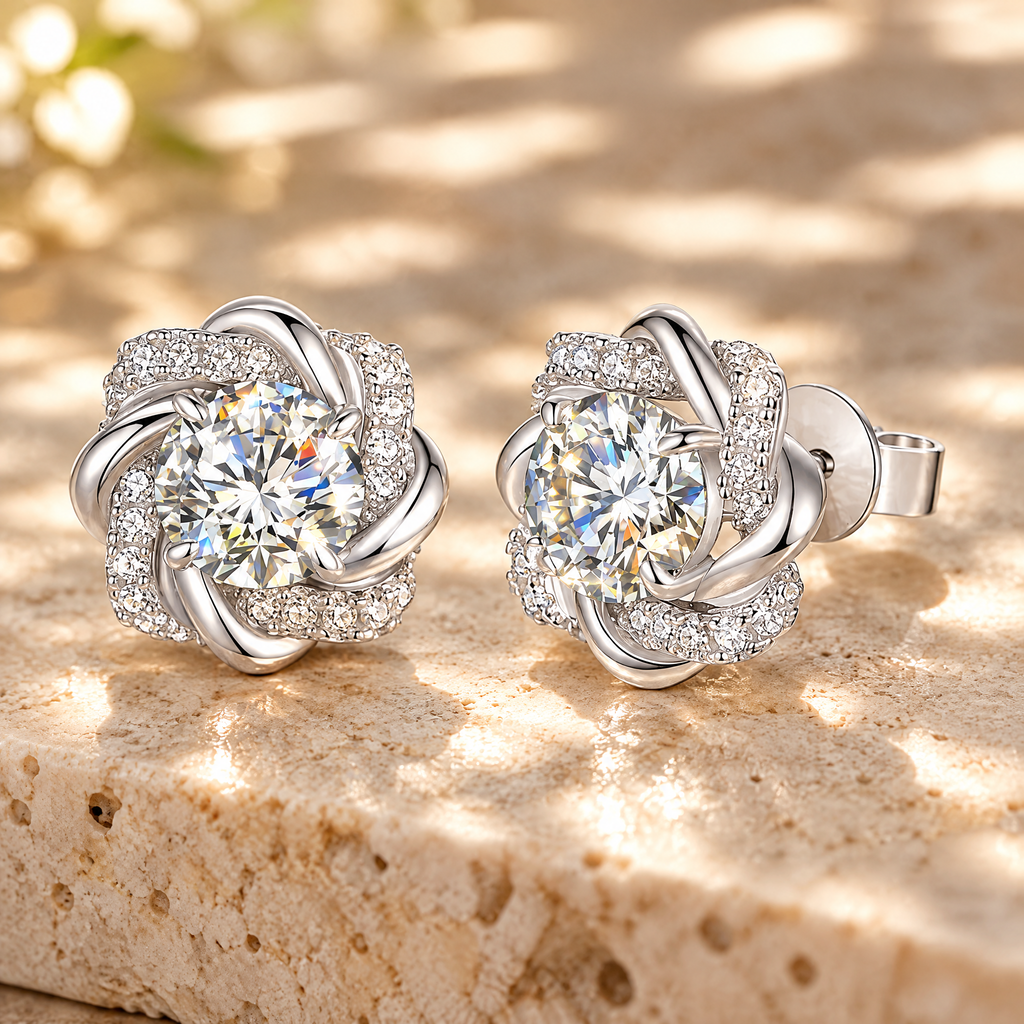 Églantine Moissanite Swirl Flower Studs, close-up detail