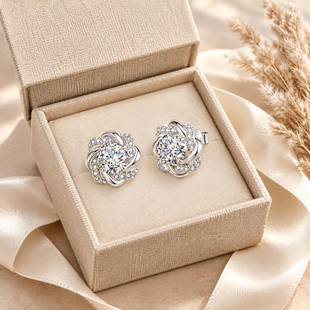 Églantine Moissanite Swirl Flower Studs, presented in a box