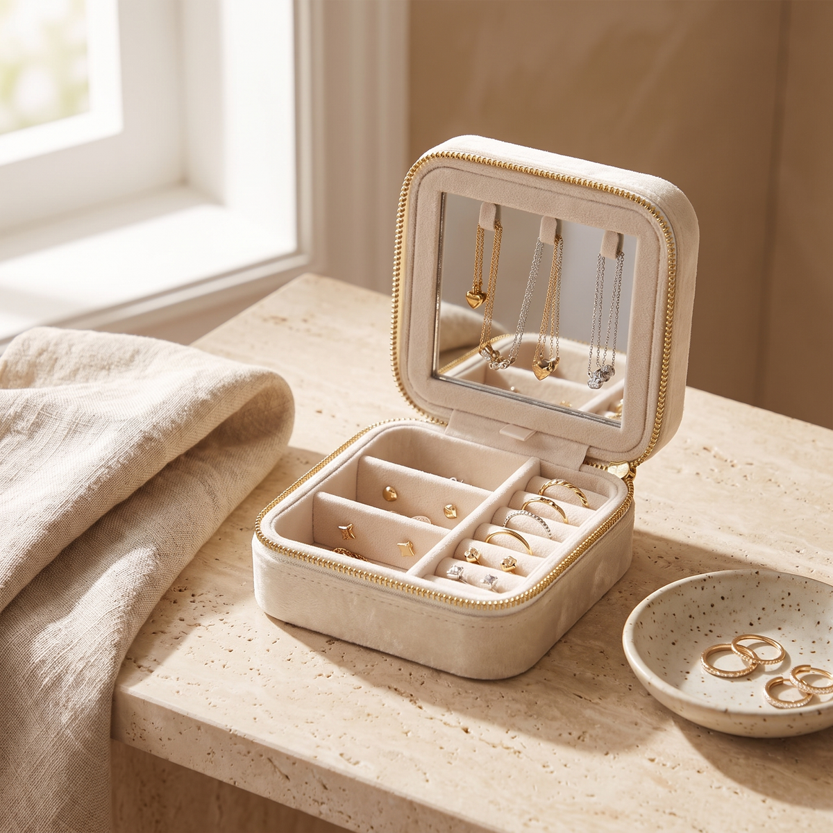 Escale Velvet Travel Jewelry Case with Mirror, open with jewelry inside