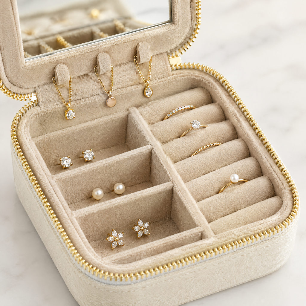 Escale Velvet Travel Jewelry Case with Mirror, close-up detail