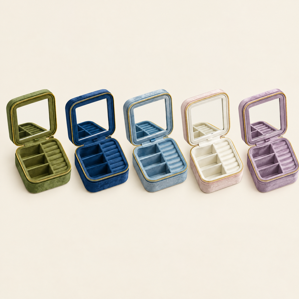 Escale Velvet Travel Jewelry Case with Mirror in Olive Green, Navy Blue, Dusty Blue, Blush Pink, Lavender