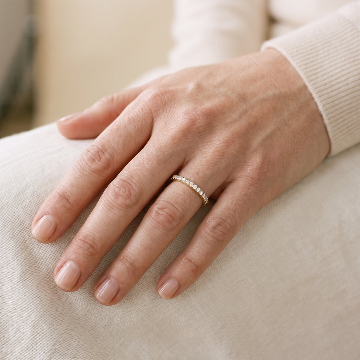 Fil Moissanite Stacking Band, 14K Gold Filled, worn by a woman