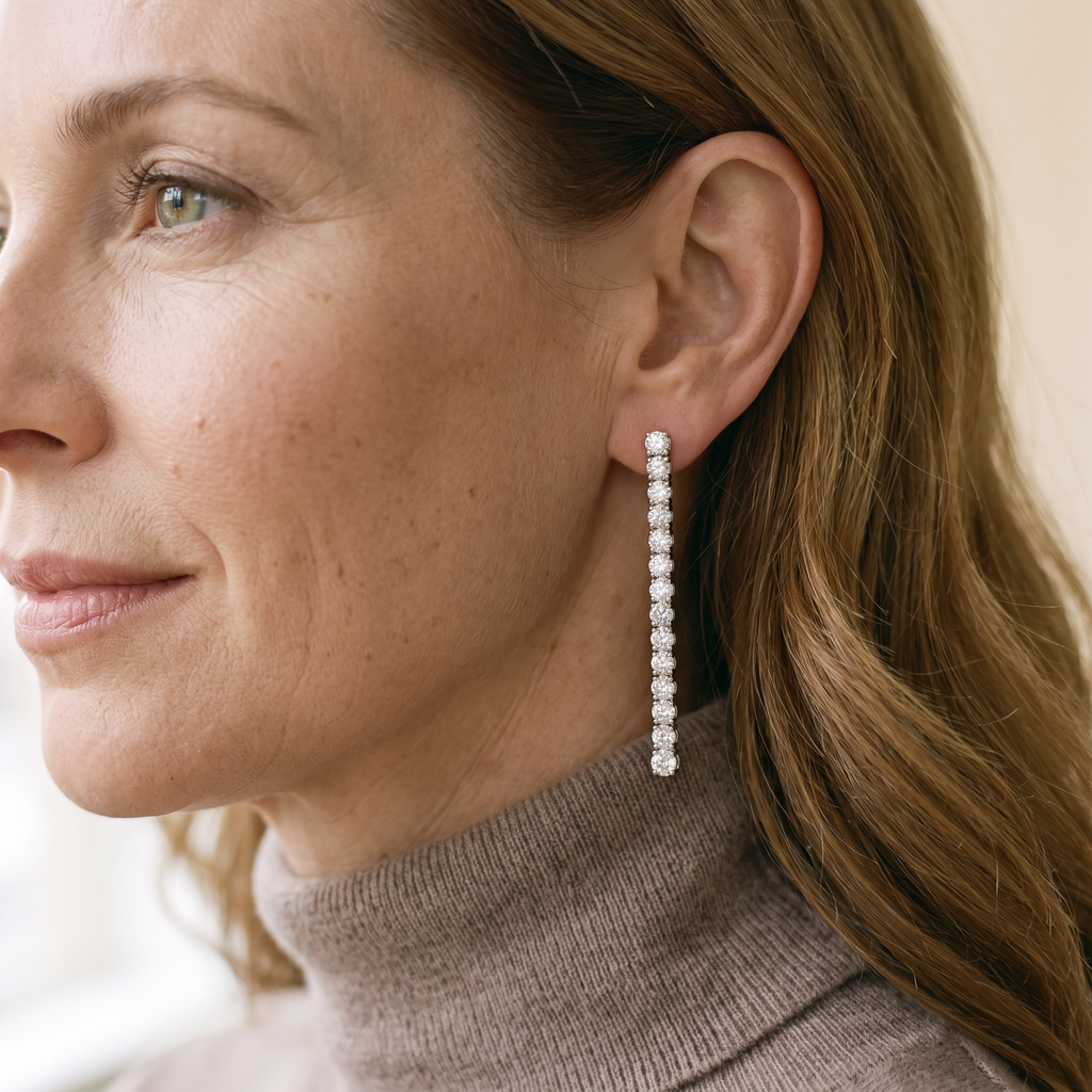 Filante Moissanite Line Drop Earrings, worn by a woman