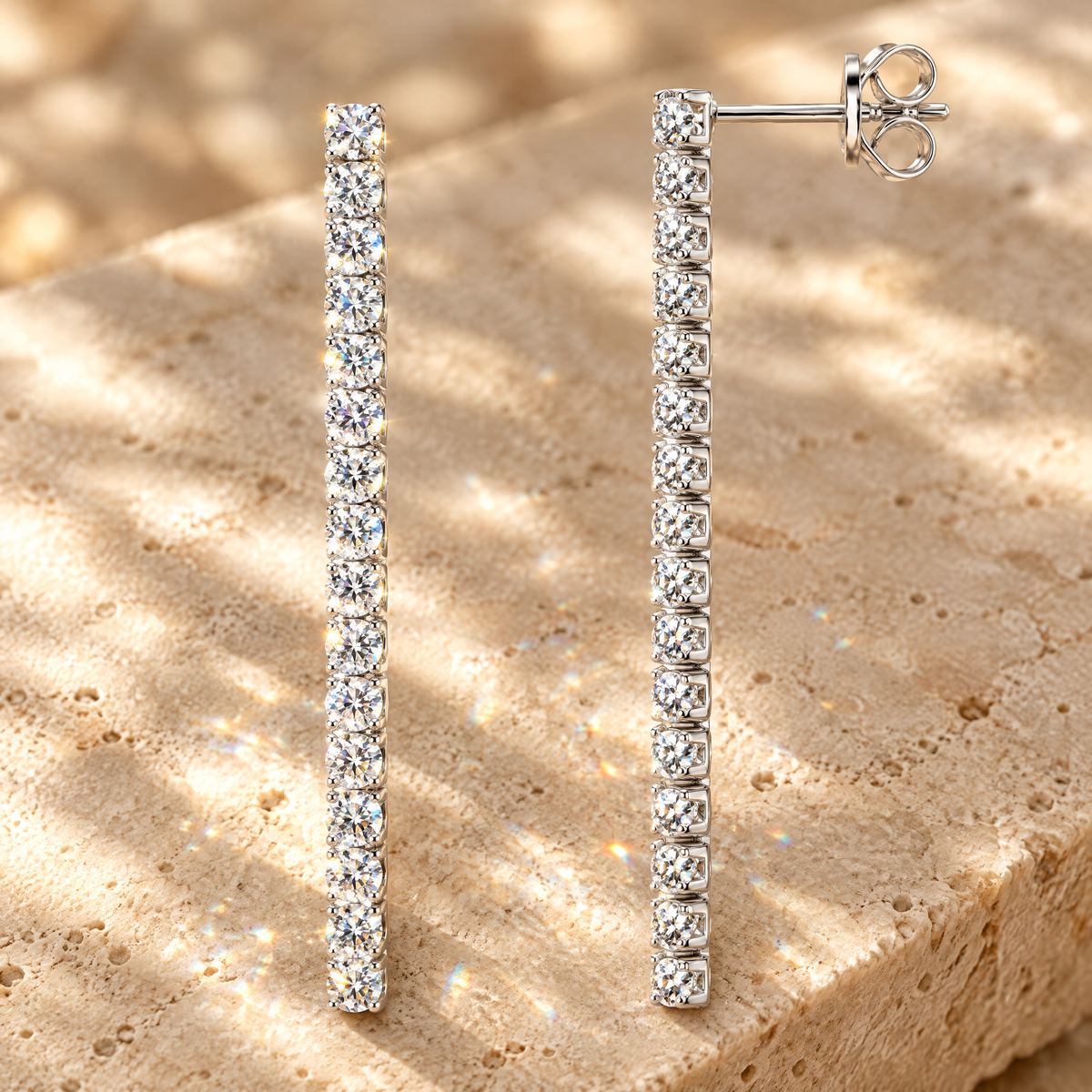 Filante Moissanite Line Drop Earrings, close-up detail