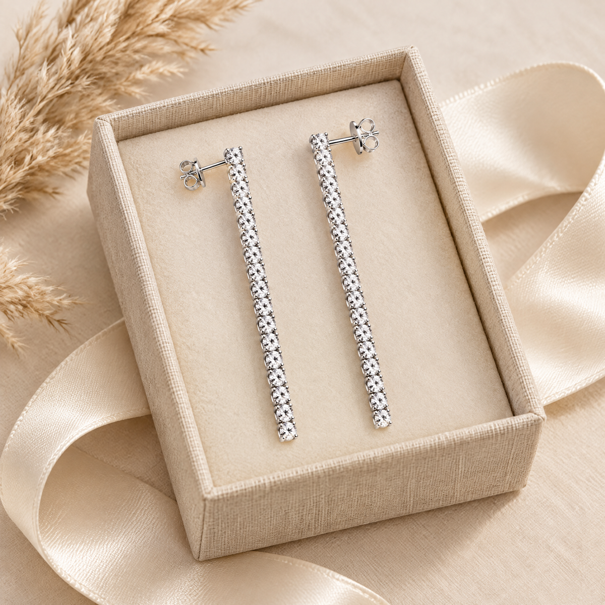Filante Moissanite Line Drop Earrings, presented in a box