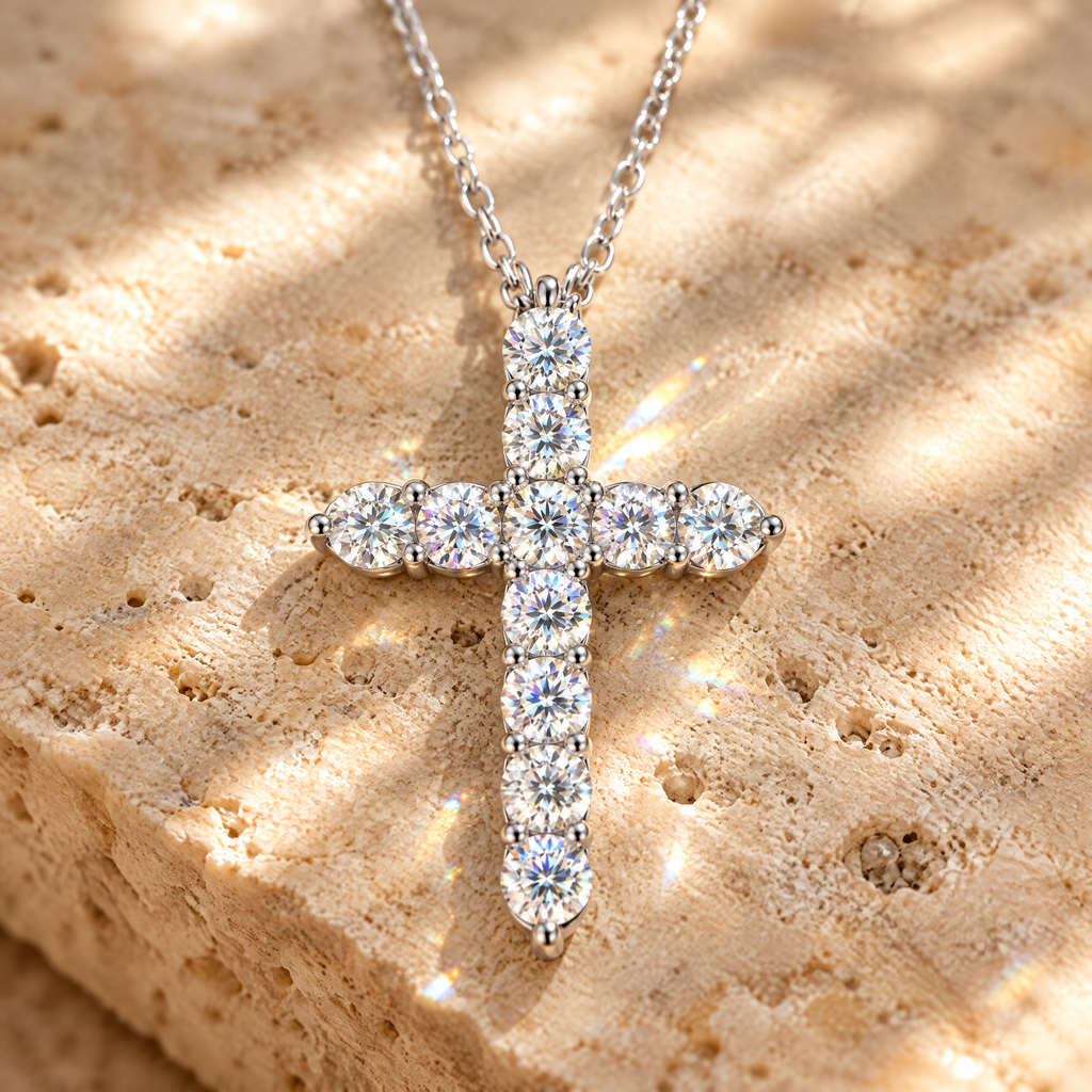 Foi Moissanite Cross Necklace, close-up detail