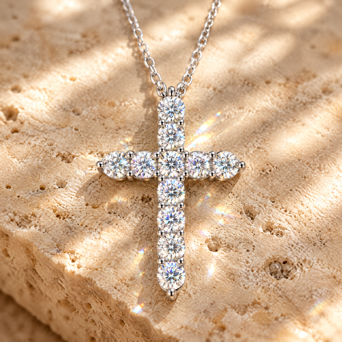 Foi Moissanite Cross Necklace, close-up detail