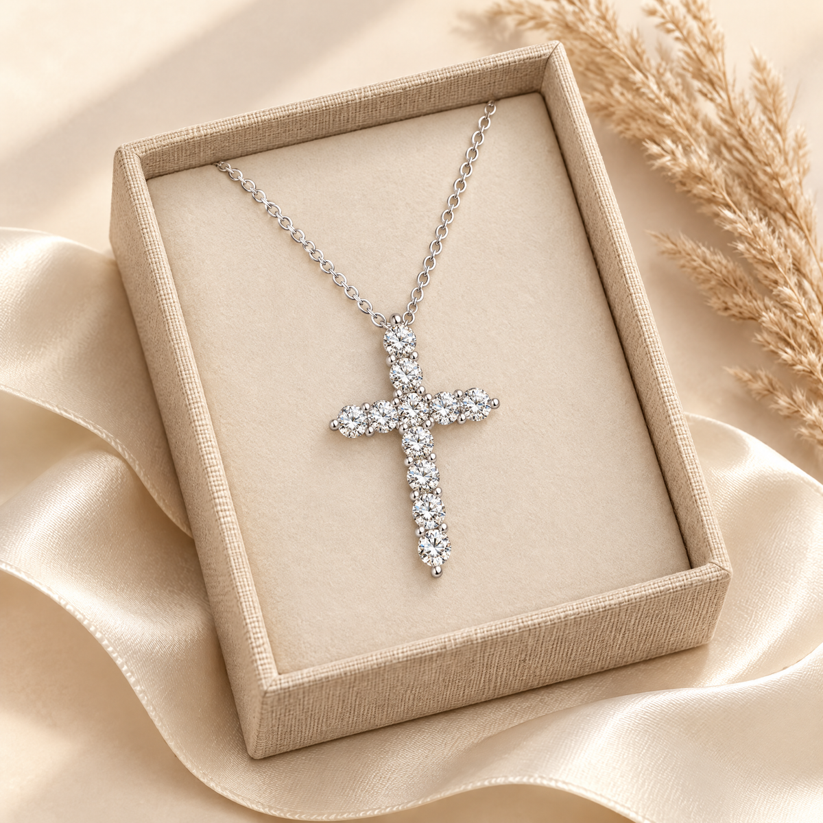 Foi Moissanite Cross Necklace, presented in a box