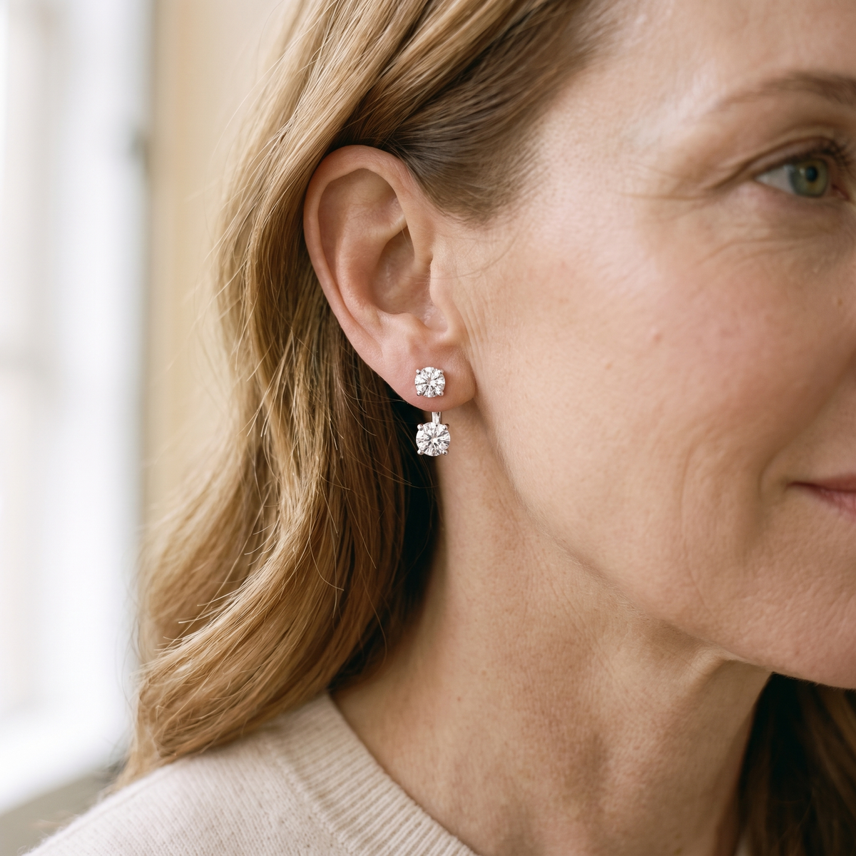 Gémeaux Moissanite Ear Jacket Earrings, worn by a woman
