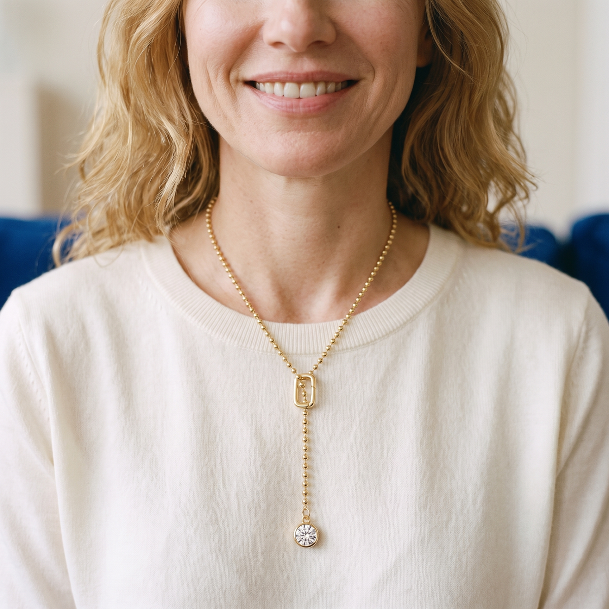 Goutte Moissanite Y Necklace, worn by a woman
