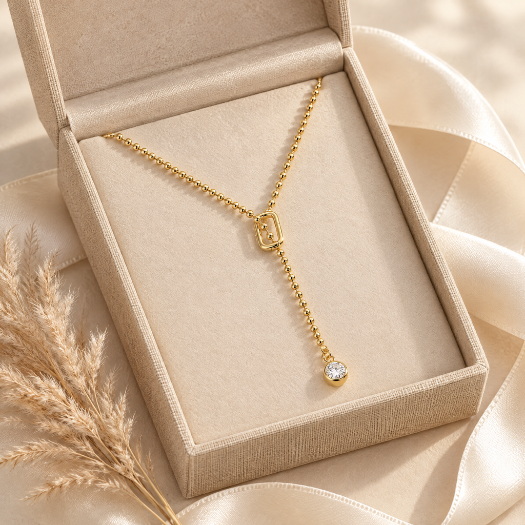 Goutte Moissanite Y Necklace, presented in a box