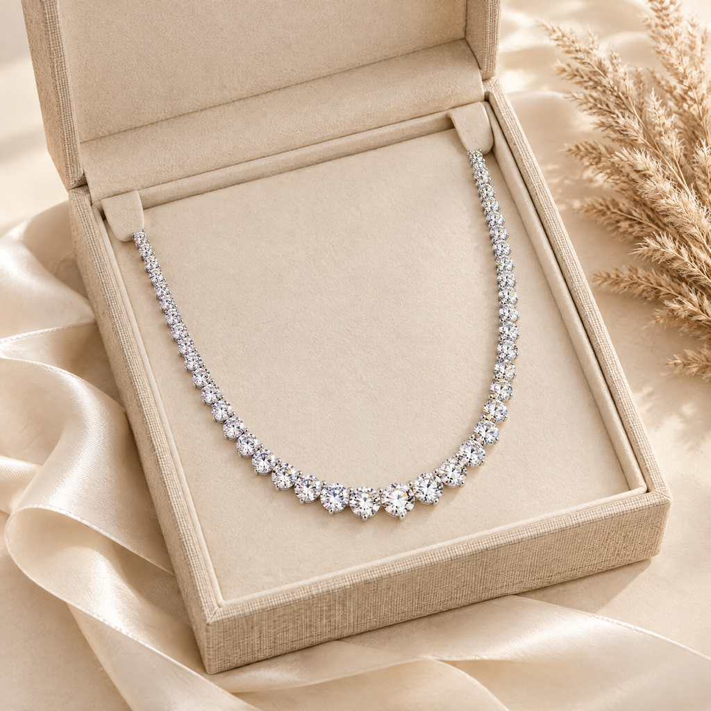 Grace Graduated Moissanite Tennis Necklace, presented in a box