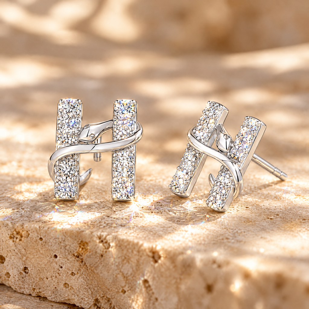 Hermine Moissanite H Snake Studs, close-up detail
