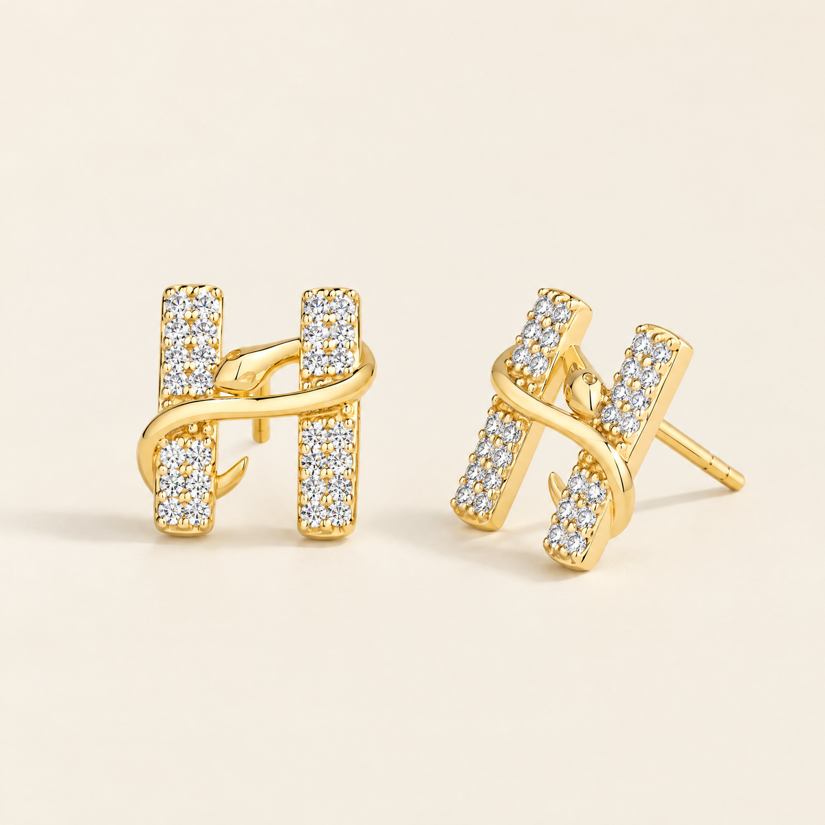 Hermine Moissanite H Snake Studs in Yellow Gold