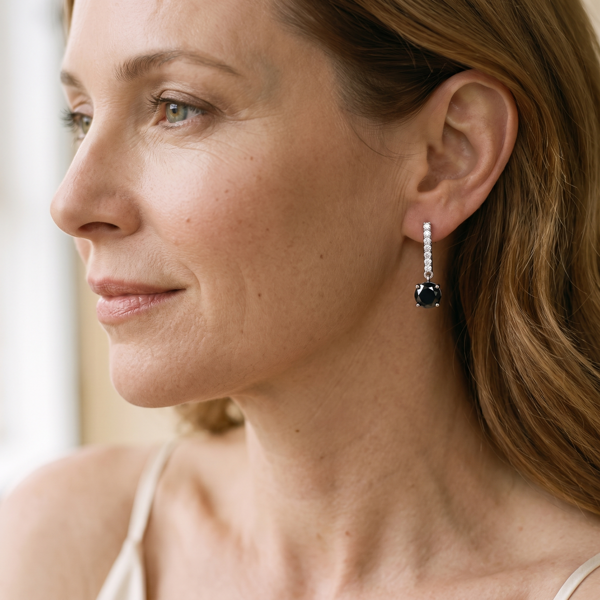Iris Colored Moissanite Drop Earrings, worn by a woman
