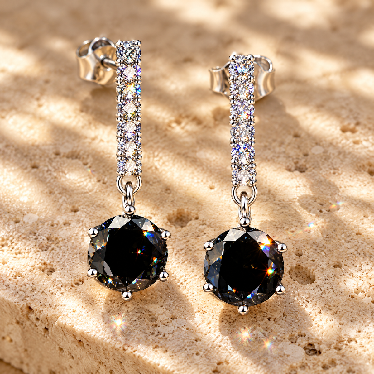 Iris Colored Moissanite Drop Earrings, close-up detail