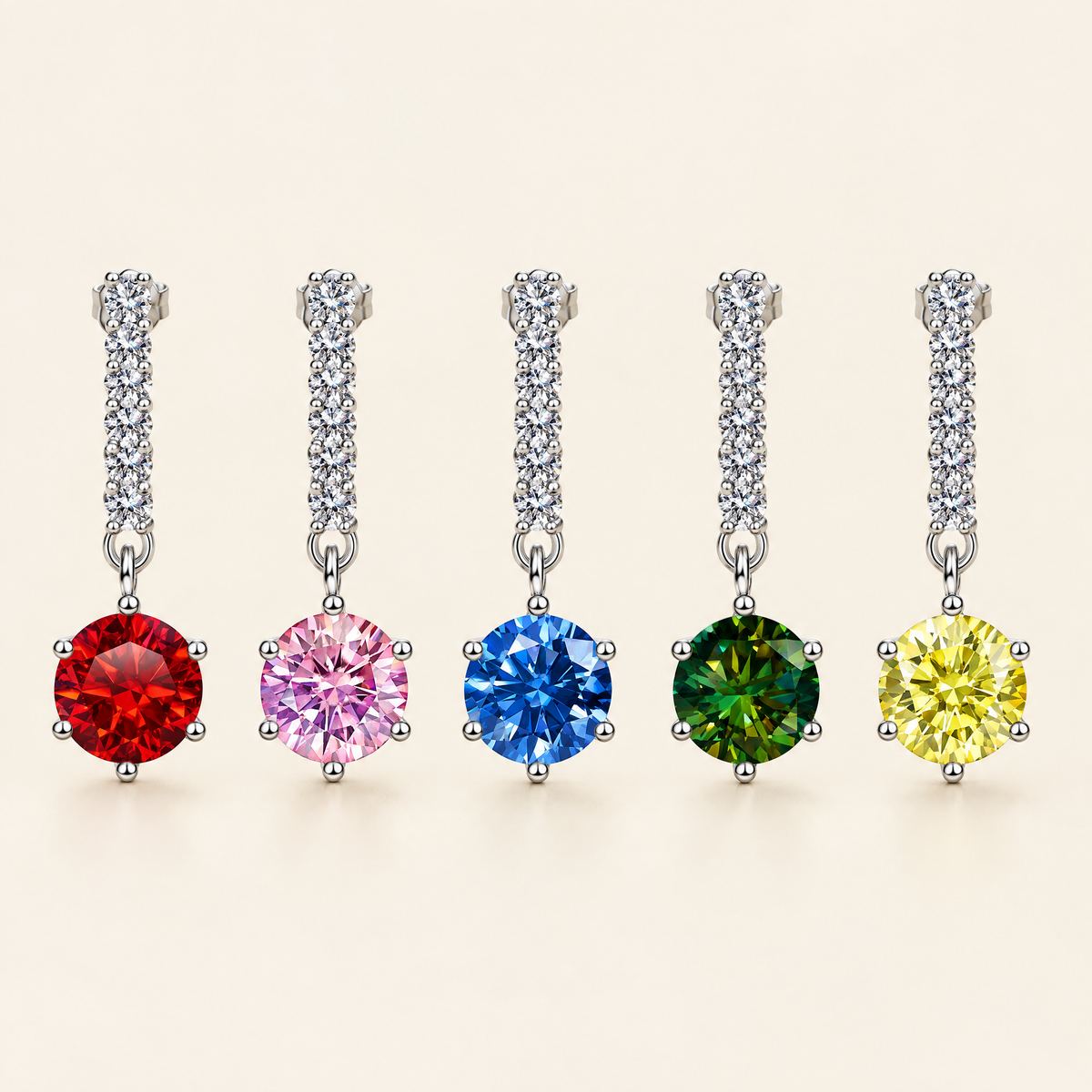 Iris Colored Moissanite Drop Earrings in Red, Pink, Royal Blue, Dark Green, Lemon Yellow