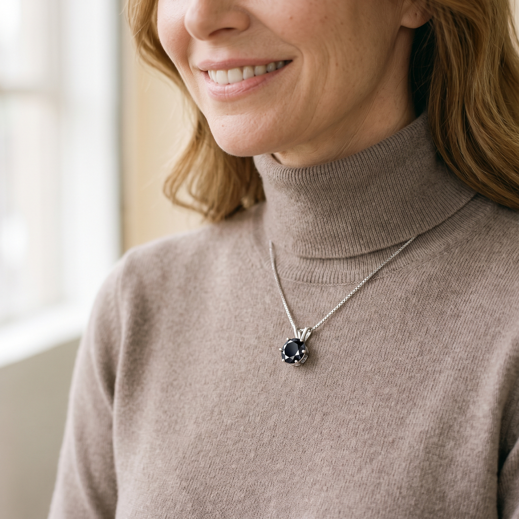 Iris Colored Moissanite Solitaire Necklace, worn by a woman