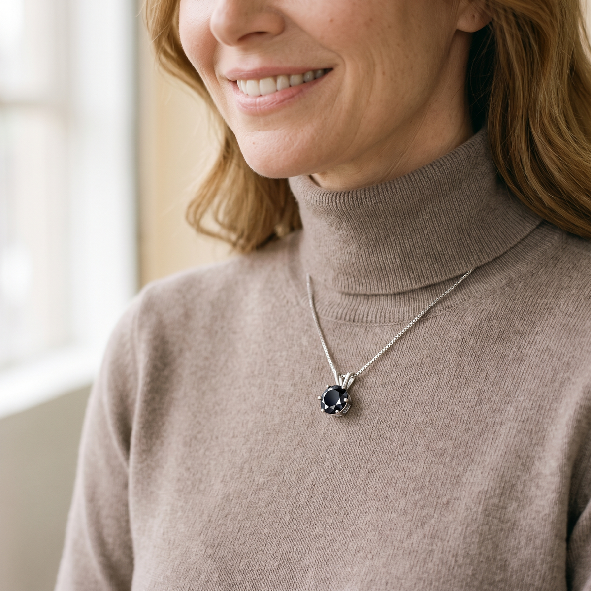 Iris Colored Moissanite Solitaire Necklace, worn by a woman