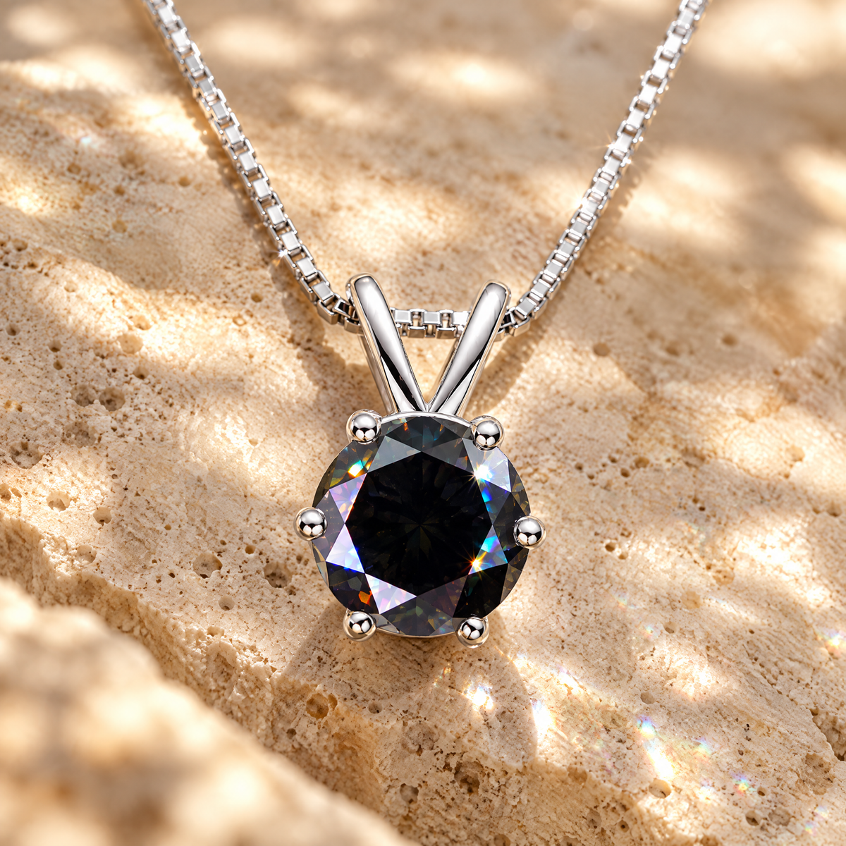 Iris Colored Moissanite Solitaire Necklace, close-up detail