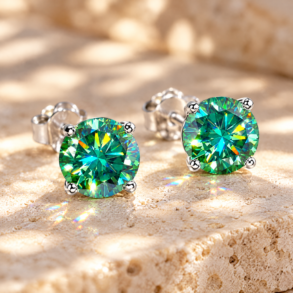 Iris Colored Moissanite Solitaire Studs, close-up detail