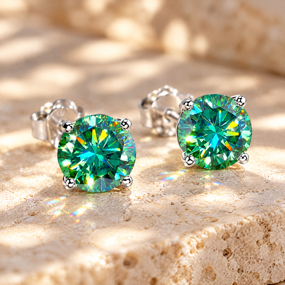 Iris Colored Moissanite Solitaire Studs, close-up detail