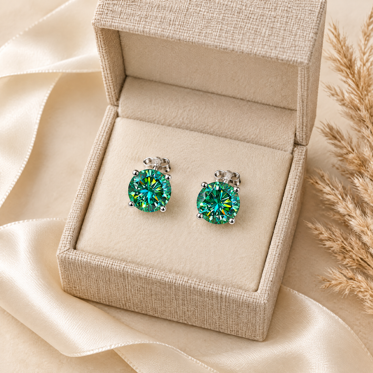 Iris Colored Moissanite Solitaire Studs, presented in a box
