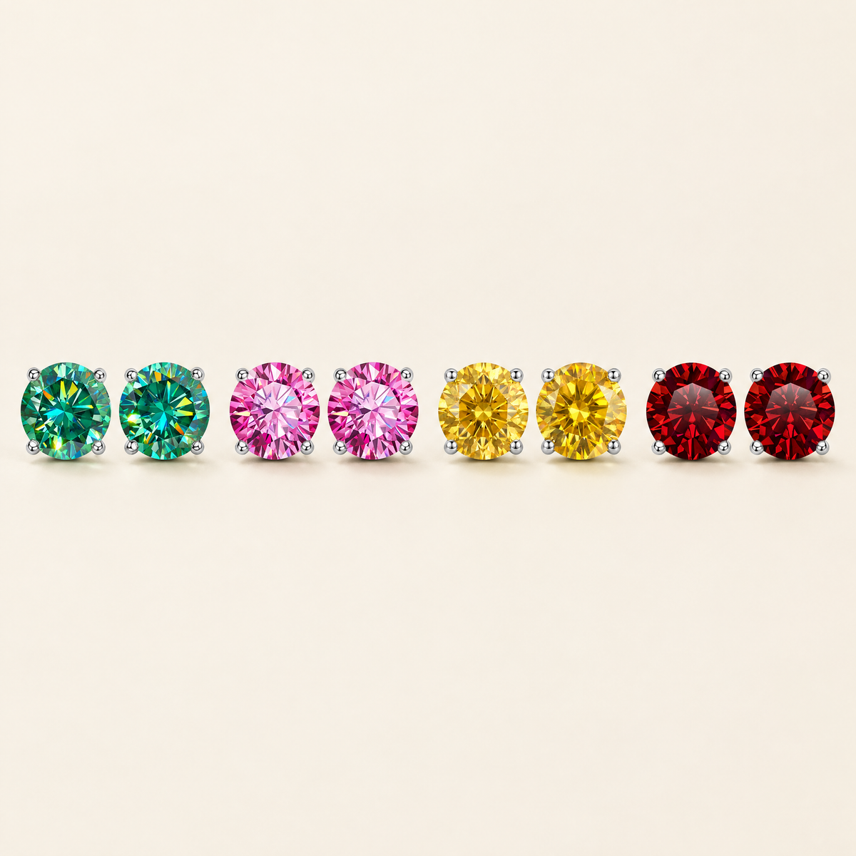 Iris Colored Moissanite Solitaire Studs in Green, Pink, Canary Yellow, Ruby Red